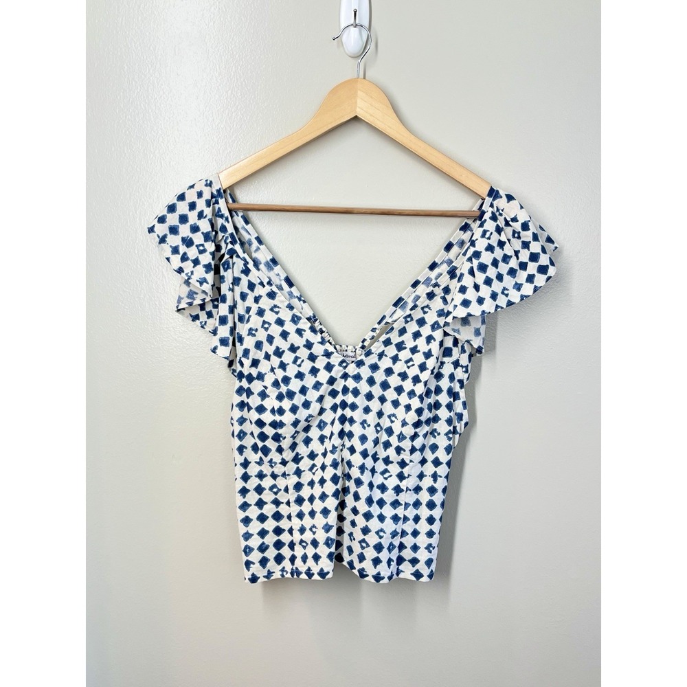 Madewell Shibori Print V-Neck Top Geometric Diamonds Blue White Smocking Sz 12